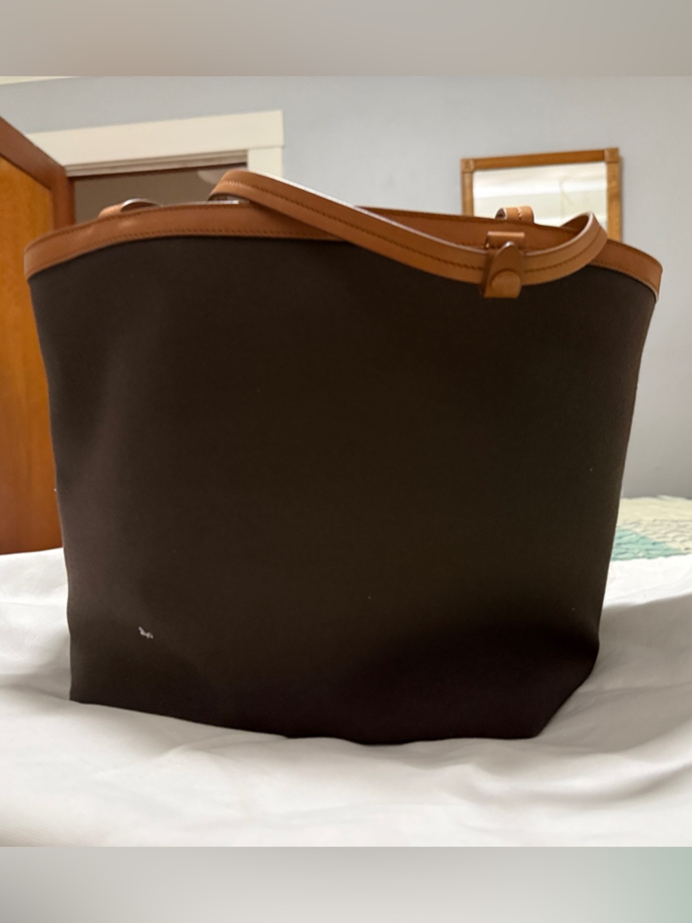 The Row Brown Canvas Tote with Tan Trim